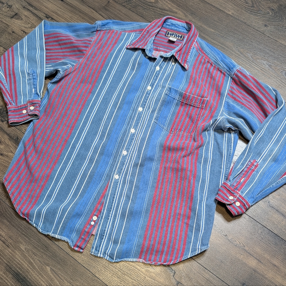 Review By Baxter Vintage Blue Red Cotton Long Sleeve Button Up Size‎ XL